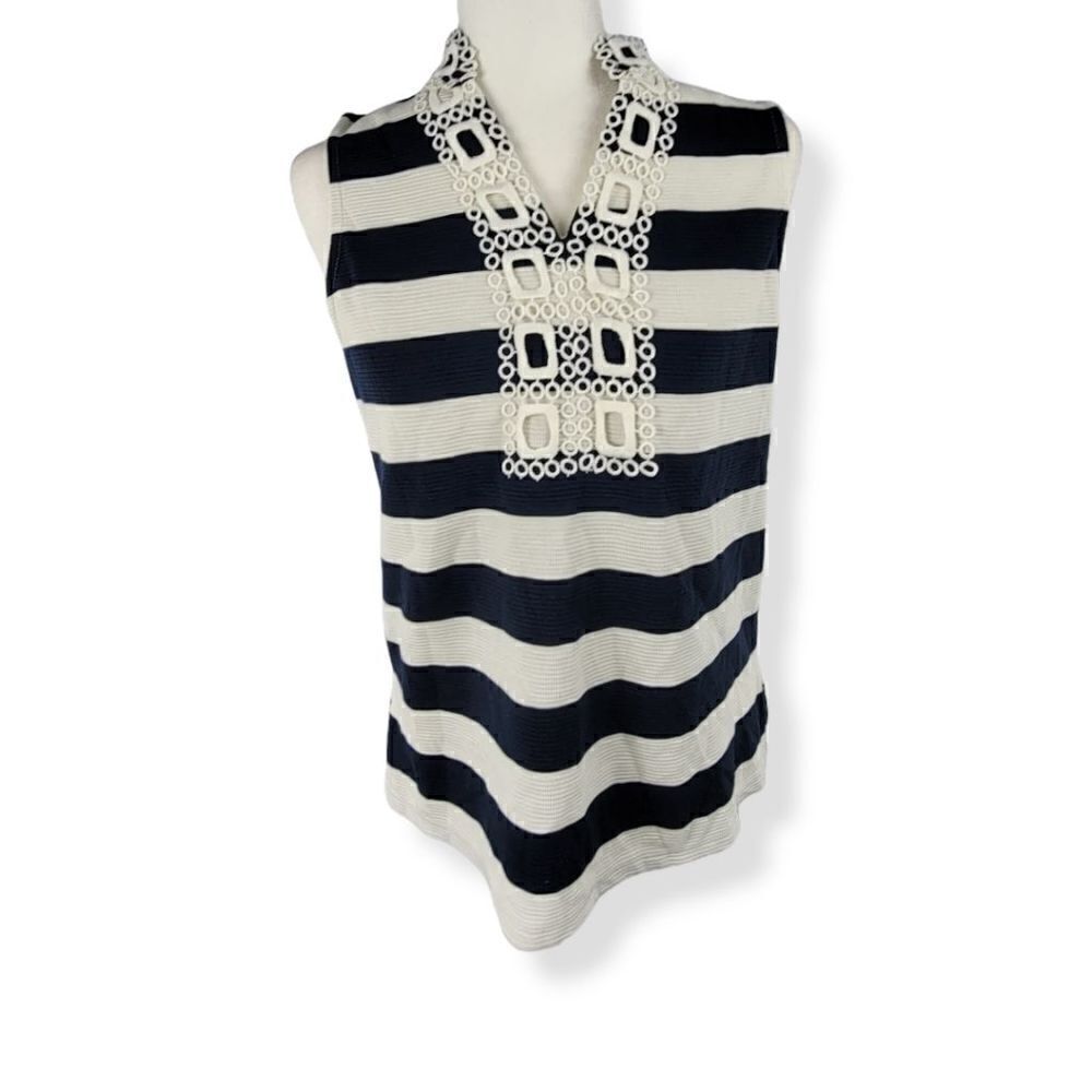 Charter Club Striped Embroidered Top Petite Medium
